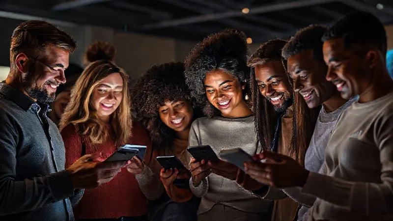 A photorealistic image of a diverse group of people interacting positively with a digital brand on various devices, showing engagement and trust, with a subtle overlay of growth charts, cinematic lighting, 8K hyper-detailed.