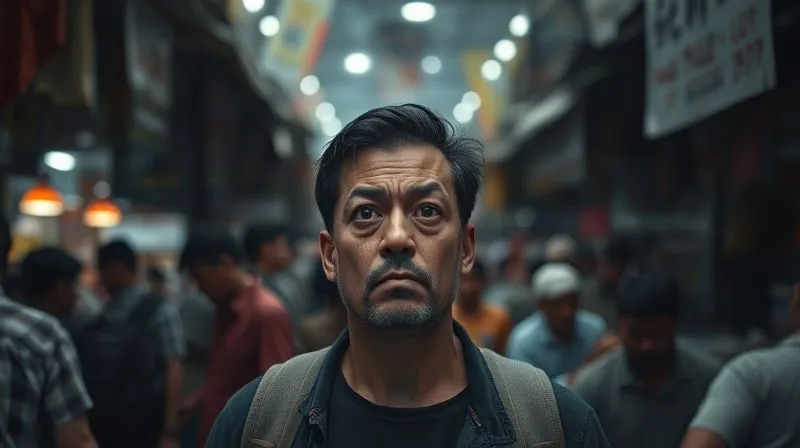 A photorealistic image of a freelancer looking overwhelmed in a dense, chaotic marketplace, surrounded by similar stalls and shouting vendors. The lighting is dim and a bit oppressive. Sharp focus on the freelancer's frustrated expression. 8K hyper-detailed, professional photography, shot on a high-end DSLR.