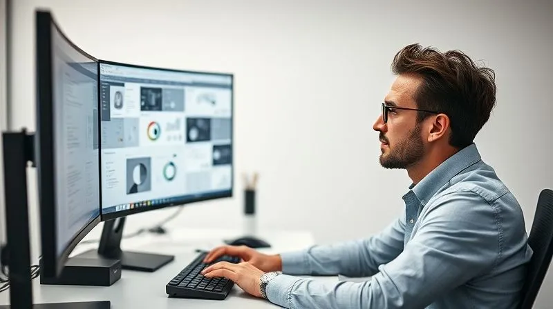 A photorealistic image of a freelancer, previously looking stressed, now sitting confidently at a modern, minimalist desk, deeply focused on a complex UI design on a large monitor. The background is clean and professional, suggesting a specialized environment. Cinematic lighting, sharp focus on the freelancer and the screen, depth of field. 8K hyper-detailed, professional photography, shot on a high-end DSLR.