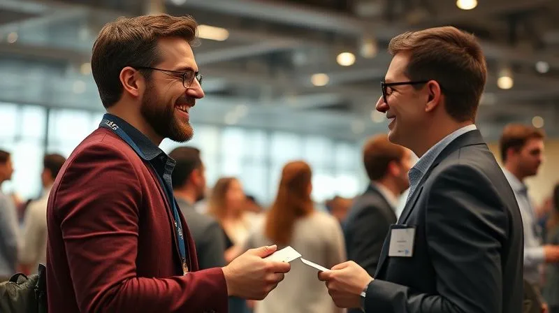 A photorealistic image of a freelancer, previously looking isolated, now engaged in a vibrant networking event, confidently exchanging business cards and smiling. The background is a modern, well-lit conference hall. Cinematic lighting, sharp focus on the interaction, depth of field. 8K hyper-detailed, professional photography, shot on a high-end DSLR.