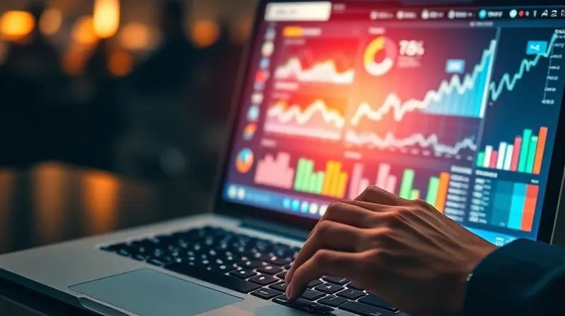 A photorealistic, professional photography, 8K, cinematic lighting, sharp focus, depth of field, shot on a high-end DSLR, showing a person's hands on a laptop keyboard, with a glowing, intricate digital dashboard displaying various data points, trend lines, and keyword research results, symbolizing market analysis and data-driven decision making. The screen reflects a determined facial expression.