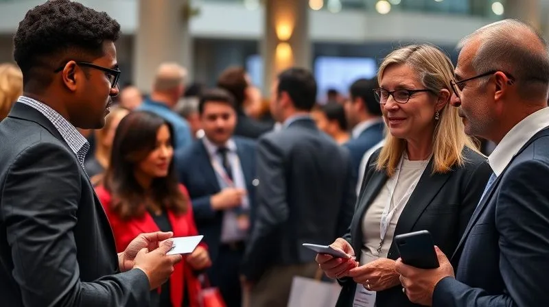 A photorealistic, professional photography, 8K, cinematic lighting, sharp focus, depth of field, shot on a high-end DSLR, depicting a diverse group of professionals engaged in a dynamic networking event, with some exchanging business cards, others in deep conversation, and a mentor figure offering guidance to a younger professional. The scene is vibrant and full of positive energy, symbolizing connection and growth.