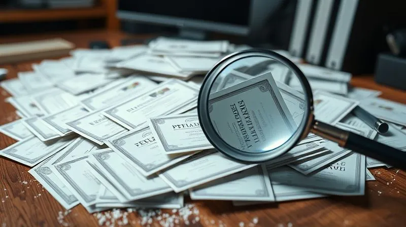 A photorealistic, professional photography, 8K, cinematic lighting, sharp focus, depth of field, shot on a high-end DSLR, showing a large, disorganized pile of identical, generic online course certificates, gathering dust on a desk, with a magnifying glass trying to find value but only reflecting more certificates, symbolizing wasted investment and lack of differentiation. The scene evokes a sense of futility and frustration.