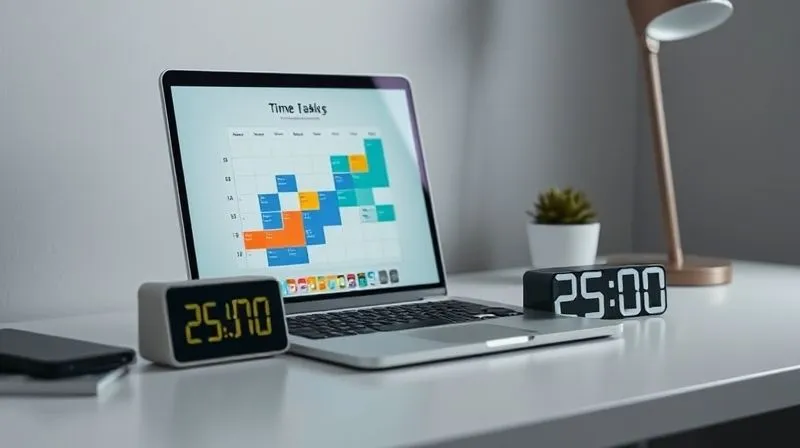 A photorealistic image of a minimalist desk setup with a laptop displaying a calendar application showing clearly defined color-coded time blocks for different tasks. A sleek digital timer sits next to the laptop, displaying '25:00'. Cinematic lighting, sharp focus on the screen and timer, depth of field blurring the background, 8K hyper-detailed, shot on a high-end DSLR.