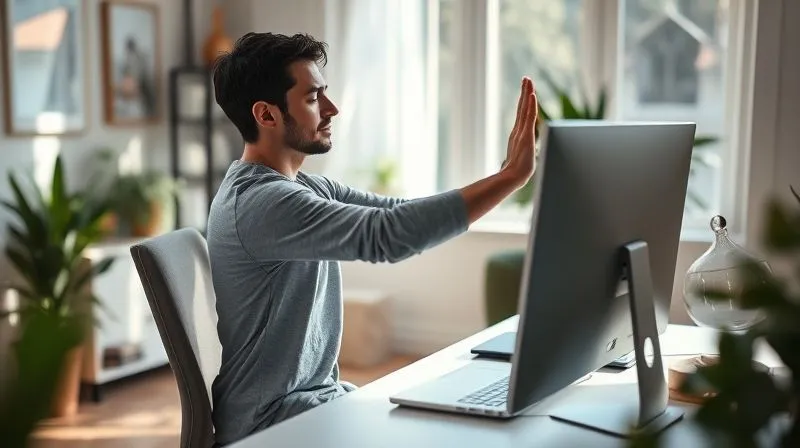 A photorealistic image of a person in a calm, naturally lit home office space, taking a mindful stretch or a brief meditation pose next to their computer. The atmosphere is serene and focused on well-being. Cinematic lighting, sharp focus on the person, depth of field blurring the background, 8K hyper-detailed, shot on a high-end DSLR.