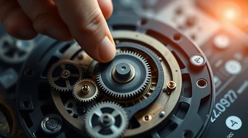 A photorealistic image of a person's hands meticulously adjusting small, intricate gears of a complex clockwork mechanism, symbolizing continuous improvement and fine-tuning of a system. The background is slightly blurred with digital data streams. Cinematic lighting, sharp focus on the gears, depth of field, 8K hyper-detailed, shot on a high-end DSLR.