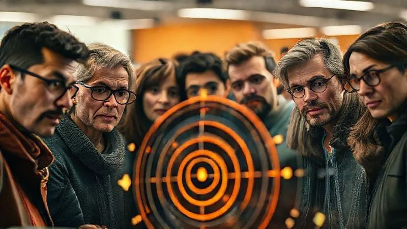 A photorealistic image of a diverse group of people from different age groups and backgrounds, looking at a complex, glowing target board with puzzled expressions, cinematic lighting, sharp focus on their faces, depth of field blurring the background, 8K hyper-detailed, professional photography, shot on a high-end DSLR.