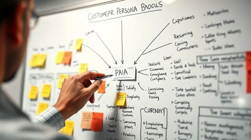 A photorealistic, professional photography, 8K, cinematic lighting, sharp focus, depth of field, shot on a high-end DSLR, of a detailed customer persona map on a whiteboard, with sticky notes, arrows, and key demographic and psychographic data points clearly visible. A hand with a pen points to a specific pain point. The overall mood is analytical and insightful.