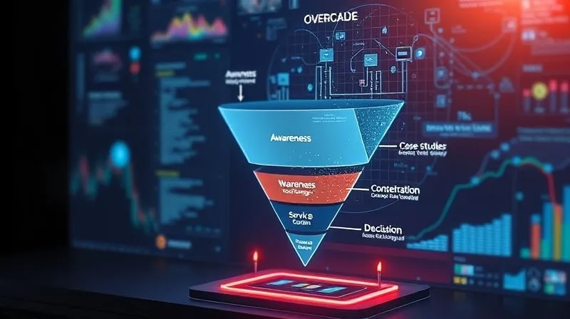 A photorealistic, professional photography, 8K, cinematic lighting, sharp focus, depth of field, shot on a high-end DSLR, of a digital marketing funnel diagram on a holographic screen, with different types of content (blog posts, webinars, case studies, service pages) flowing through each stage: Awareness, Consideration, Decision. The funnel is glowing with data streams, reflecting a strategic approach.