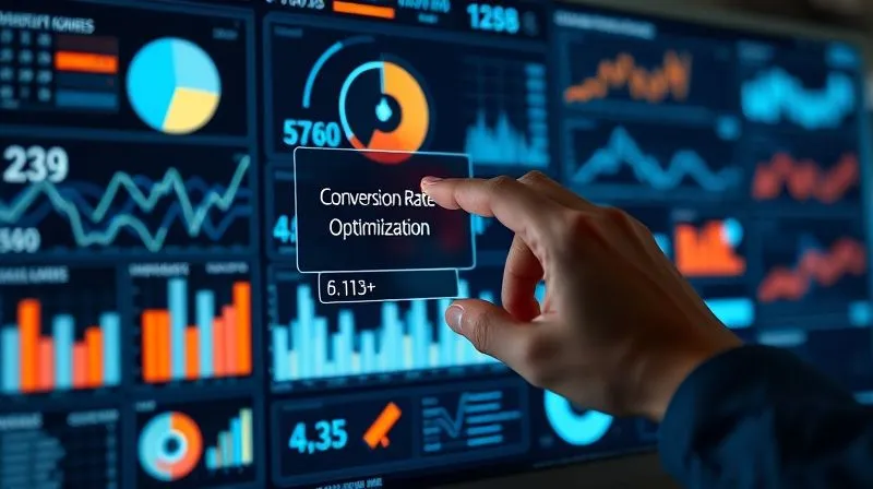 A photorealistic, professional photography, 8K, cinematic lighting, sharp focus, depth of field, shot on a high-end DSLR, of a digital dashboard glowing with various metrics, charts, and graphs. A hand is interacting with a touchscreen, highlighting a specific data point related to conversion rate optimization. The overall scene conveys data analysis and strategic decision-making.