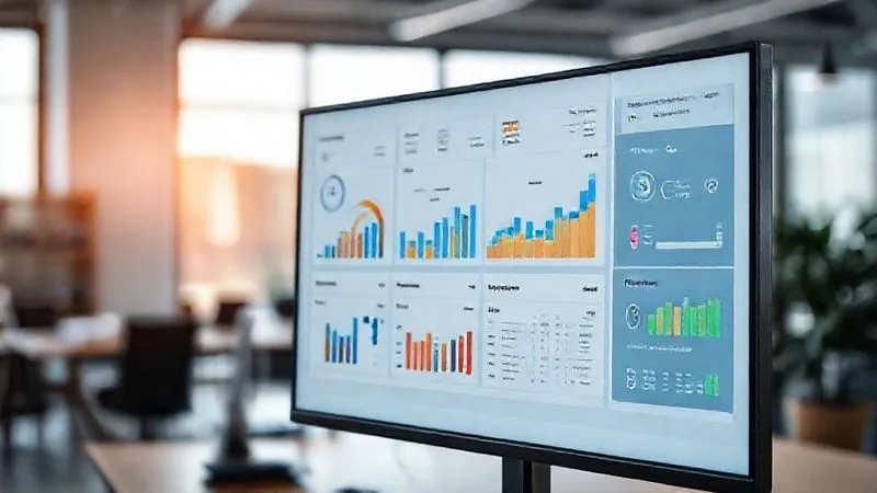 A photorealistic image of a professional, clean dashboard displaying key performance indicators (KPIs) like conversion rates, traffic growth, and user engagement metrics, with a clear, modern design. The dashboard is on a large monitor in a well-lit office, with a subtle depth of field blurring the background. Professional photography, 8K, cinematic lighting, sharp focus, depth of field, shot on a high-end DSLR.
