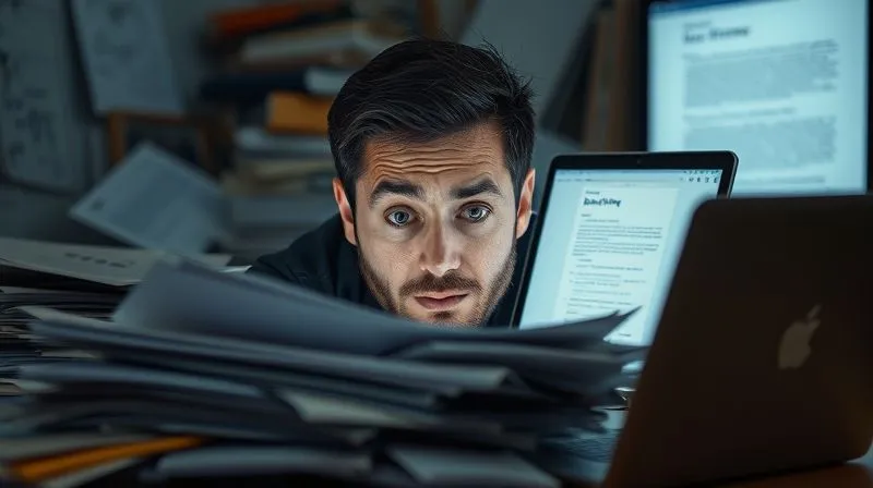 A photorealistic image of a freelancer looking overwhelmed by a pile of papers and open laptop screens, symbolizing the common trap of being busy but not productive. A subtle, dark filter over the image, with cinematic lighting highlighting the feeling of stress. Sharp focus on the freelancer's frustrated expression, depth of field. 8K hyper-detailed, professional photography.