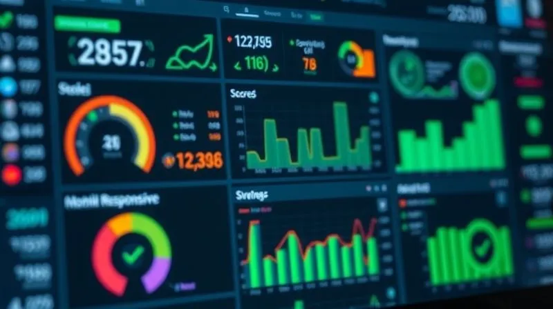 A photorealistic, professional photography of a complex digital dashboard showing various SEO technical metrics: website speed scores, mobile responsiveness charts, and green checkmarks indicating successful schema markup implementation. The data is presented in a clean, modern UI with cinematic lighting, sharp focus on the dashboard elements, depth of field, 8K hyper-detailed, shot on a high-end DSLR.
