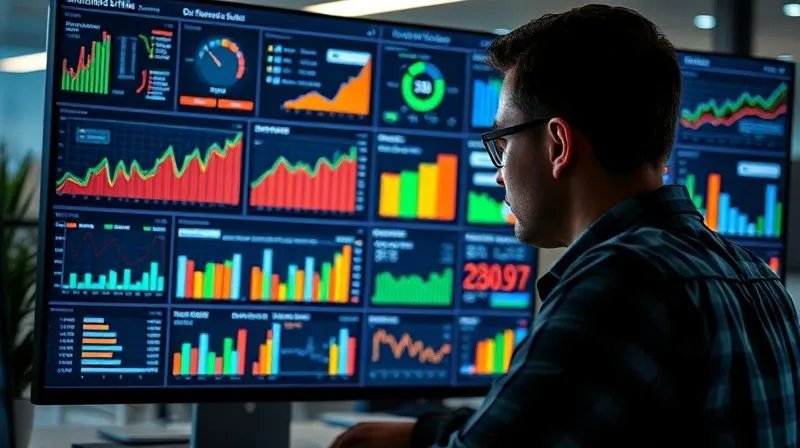 A photorealistic, professional photography of a freelancer intently analyzing a detailed digital dashboard filled with various SEO performance charts and graphs, showing upward trends in organic traffic, keyword rankings, and conversion rates. The screen glows with bright, informative data visualizations, set in a modern office environment with cinematic lighting, sharp focus on the data, depth of field, 8K hyper-detailed, shot on a high-end DSLR.