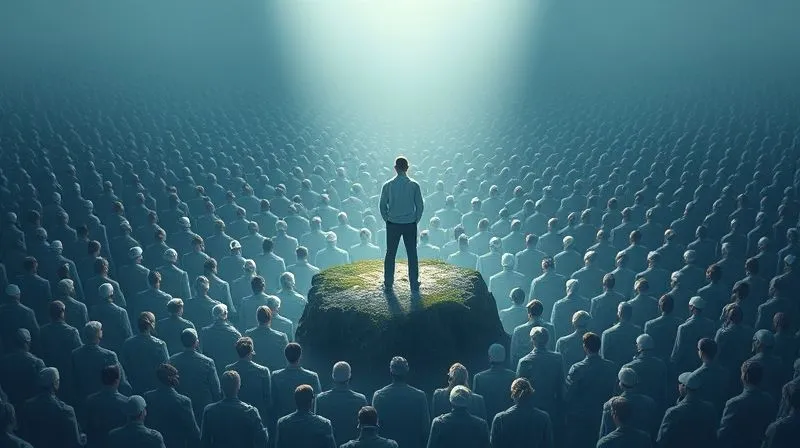 A photorealistic image depicting a lone freelancer standing on a small island, surrounded by a vast ocean of identical freelancers, with a spotlight shining uniquely on them, emphasizing differentiation and visibility. The setting is dramatic with cinematic lighting, sharp focus on the central figure, and a subtle depth of field blurring the background figures. 8K hyper-detailed, professional photography, shot on a high-end DSLR.