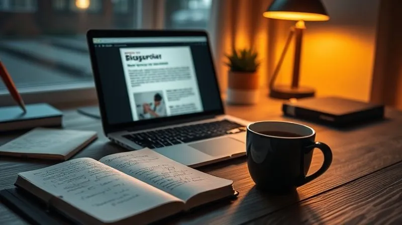 A photorealistic image of a freelancer's desk at dawn, with a laptop open displaying a blog post, a steaming cup of coffee, and a notebook with handwritten ideas. Soft, warm cinematic lighting illuminates the scene, emphasizing creativity and focus. Sharp focus on the laptop screen and notebook, with a gentle depth of field blurring the background. 8K hyper-detailed, professional photography, shot on a high-end DSLR.