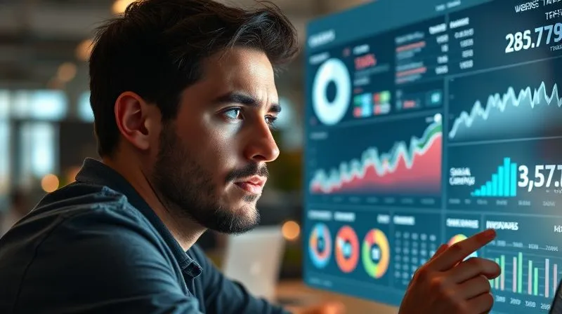 A photorealistic image of a freelancer looking thoughtfully at a dashboard on a transparent screen, displaying various metrics like website traffic, lead conversion rates, and social media engagement. The freelancer has a focused, analytical expression, with cinematic lighting highlighting their face and the data. The background is a modern, minimalist office space. 8K hyper-detailed, professional photography, shot on a high-end DSLR.