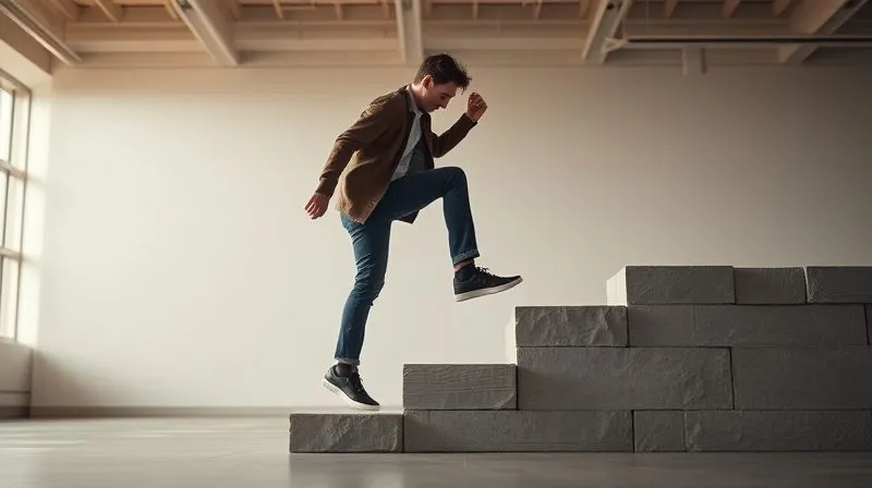 A photorealistic image of a freelancer overcoming a metaphorical obstacle, perhaps a person confidently stepping over a small, symbolic wall or gap, with a clear path ahead. The setting is bright and inspiring, with cinematic lighting emphasizing determination. Sharp focus on the individual, with a soft depth of field. 8K hyper-detailed, professional photography, shot on a high-end DSLR.