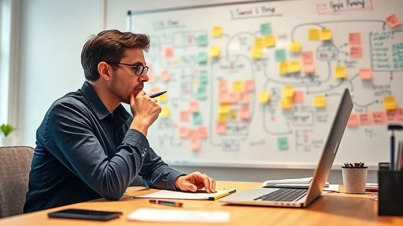 A photorealistic image of a freelancer's desk with a whiteboard in the background covered in sticky notes and flowcharts, illustrating a complex workflow being mapped out. The freelancer is holding a pen, deep in thought, with a focused expression. Cinematic lighting, sharp focus on the whiteboard, depth of field blurring the desk. 8K hyper-detailed, professional photography.