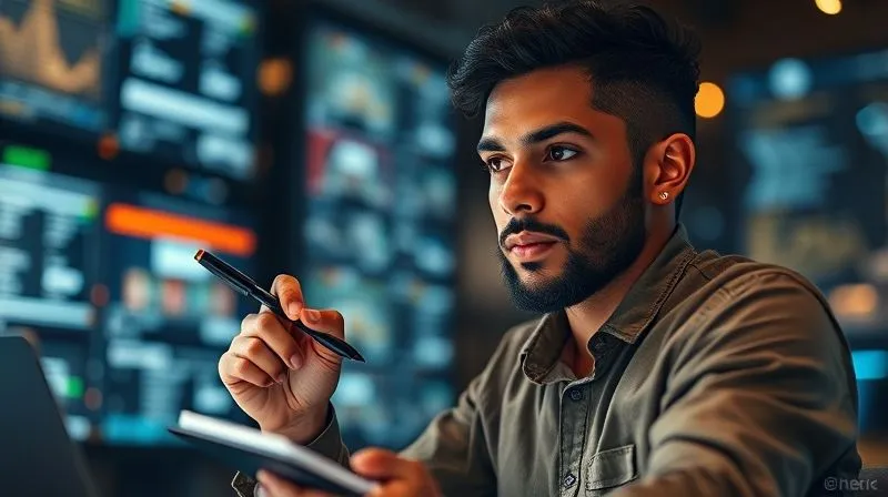 A photorealistic image of a freelancer in a creative pose, brainstorming with a pen and notepad, surrounded by a subtle, glowing aura of inspiration. In the background, blurred digital screens show automated processes running smoothly. Cinematic lighting, sharp focus on the freelancer's face, depth of field. 8K hyper-detailed, professional photography.