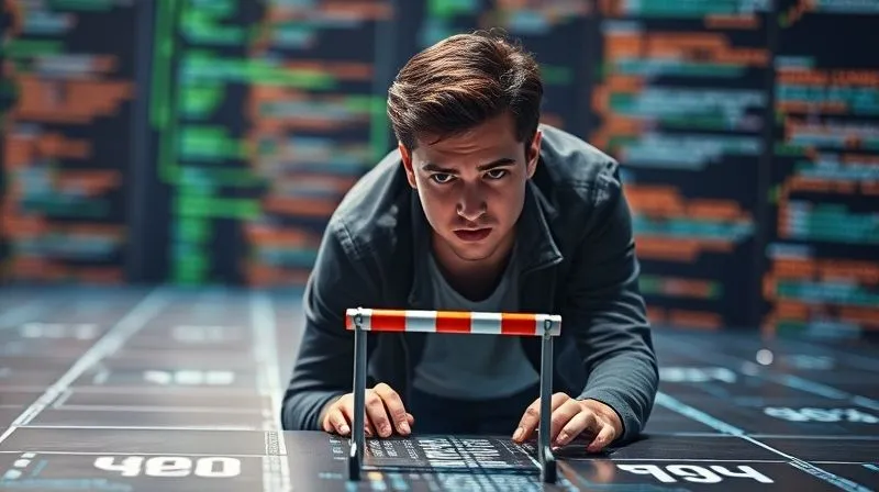 A photorealistic image of a freelancer looking determined, overcoming a small, symbolic digital hurdle on a path towards a bright, organized digital landscape. The background is a blend of code and flowing data, representing automation. Cinematic lighting, sharp focus on the freelancer, depth of field. 8K hyper-detailed, professional photography.