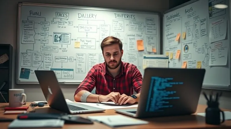 A photorealistic image of a freelancer sitting at a desk, surrounded by a whiteboard filled with flowcharts and sticky notes, mapping out a complex software delivery process. Cinematic lighting highlights the intense focus on their face, with a laptop open displaying code. Sharp focus on the freelancer and whiteboard, depth of field blurring the background. 8K hyper-detailed, professional photography, shot on a high-end DSLR.