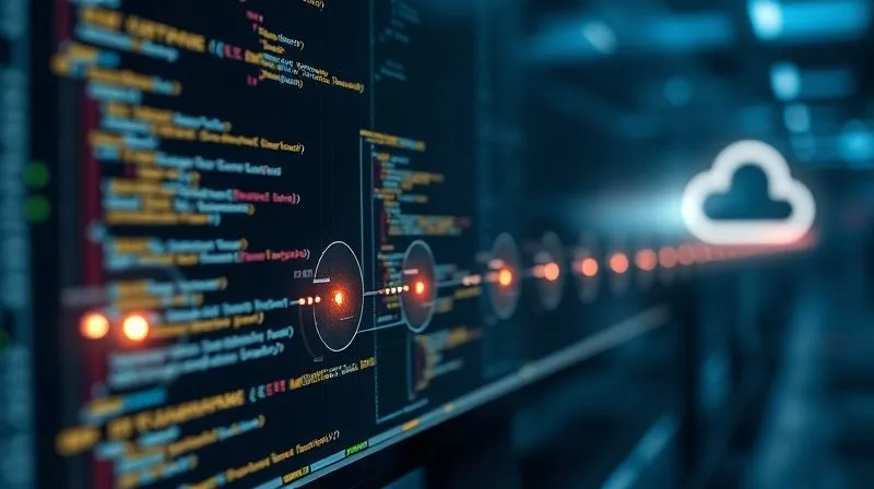 A photorealistic image of a digital pipeline, with code flowing seamlessly through various stages (build, test, deploy) represented by glowing nodes. The pipeline extends from a developer's screen to a cloud icon, symbolizing automated delivery. Cinematic lighting, sharp focus on the digital flow, depth of field blurring surrounding abstract elements. 8K hyper-detailed, professional photography, shot on a high-end DSLR.