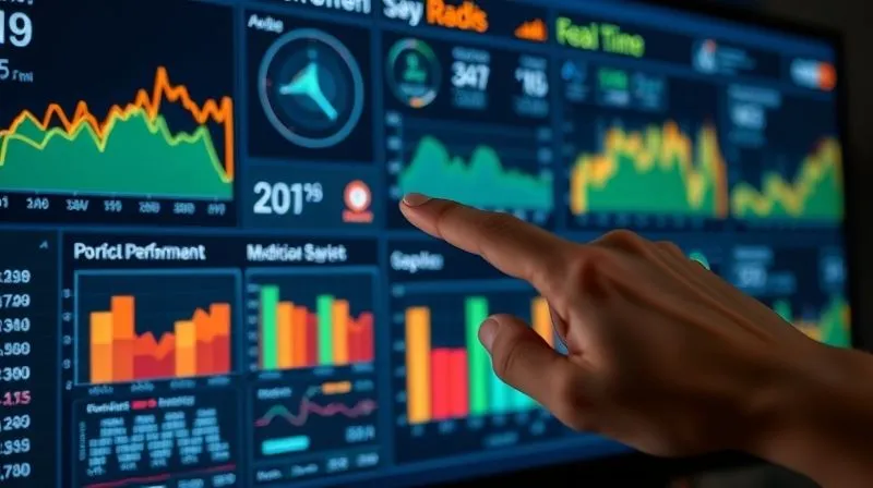 A photorealistic image of a dashboard displaying various real-time metrics, charts, and graphs related to software performance and delivery. The screen is glowing with data, and a blurred hand points to a critical alert. Cinematic lighting, sharp focus on the dashboard, depth of field blurring the background. 8K hyper-detailed, professional photography, shot on a high-end DSLR.