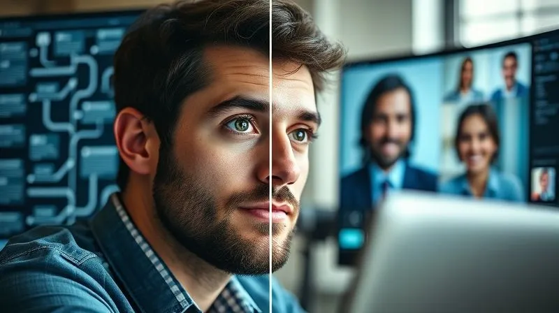A photorealistic image of a freelancer looking thoughtfully at a split screen. One side shows a complex, detailed marketing automation workflow with arrows and data points. The other side shows a smiling client interacting with the freelancer in a video call, emphasizing human connection. Cinematic lighting, sharp focus on the freelancer's face, depth of field blurring the background. 8K hyper-detailed, professional photography, shot on a high-end DSLR.
