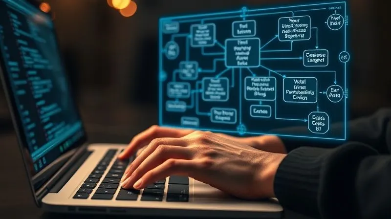 A photorealistic image of a freelancer's hand typing on a laptop keyboard, with a glowing, intricate email marketing automation flowchart projected above the screen, showing personalized paths for different customer segments. The freelancer has a thoughtful, focused expression. Cinematic lighting, sharp focus on the hands and the holographic projection, depth of field blurring the background. 8K hyper-detailed, professional photography, shot on a high-end DSLR.
