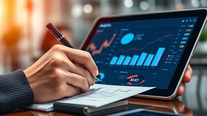 A photorealistic image of a freelancer's hand holding a pen, making notes on a paper overlaying a tablet displaying analytics dashboards with graphs and charts. The freelancer's face is thoughtful, suggesting analysis and strategy. Cinematic lighting, sharp focus on the hands and the tablet, depth of field blurring a modern office background. 8K hyper-detailed, professional photography, shot on a high-end DSLR.