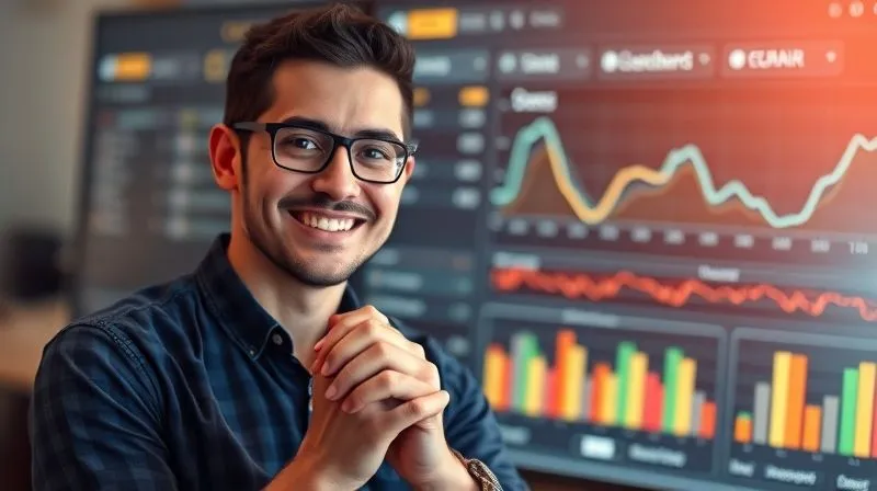 A photorealistic image of a freelancer smiling confidently, looking directly at the viewer, with a sophisticated but warm marketing automation dashboard subtly glowing in the background. The freelancer's hands are clasped in a gesture of readiness and capability. Cinematic lighting, sharp focus on the freelancer, depth of field blurring the background. 8K hyper-detailed, professional photography, shot on a high-end DSLR.
