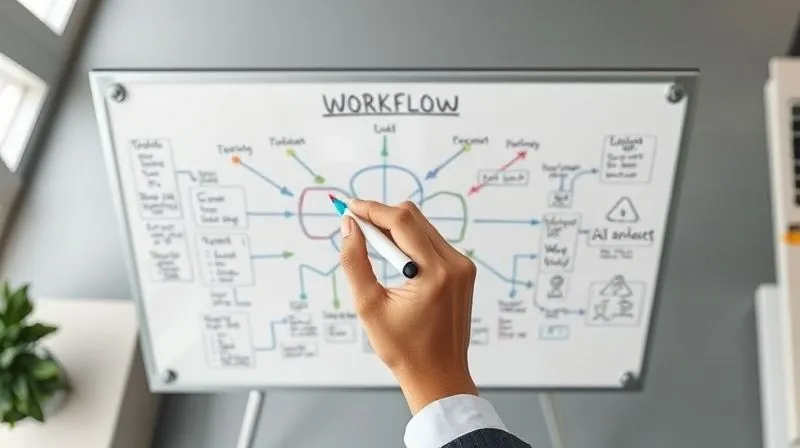A photorealistic top-down view of a hand drawing a complex workflow diagram on a whiteboard with various colored markers, illustrating bottlenecks and efficient paths. The background is a modern, minimalist office. Cinematic lighting, sharp focus on the diagram, depth of field, 8K hyper-detailed, professional photography, shot on a high-end DSLR.