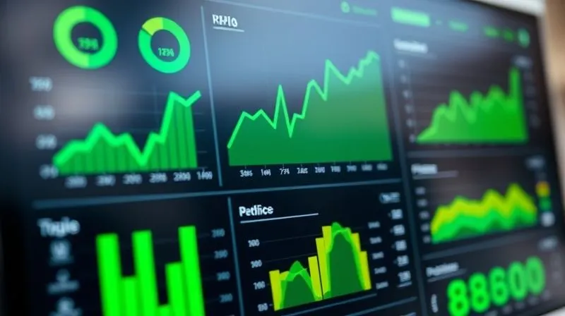 A photorealistic dashboard displaying various KPIs with green upward trending graphs and positive metrics, symbolizing success and efficiency. The interface is clean and modern, with data visualizations clearly showing improvements. Cinematic lighting, sharp focus on the data points, depth of field, 8K hyper-detailed, professional photography, shot on a high-end DSLR.