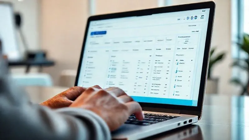 A photorealistic close-up of a laptop screen showing a clean, organized Notion dashboard with various databases and pages related to client management and project proposals. The screen is bright and sharp, with a freelancer's hands (diverse, professional) gently resting on the keyboard, illuminated by soft, cinematic lighting. Depth of field blurs a modern, minimalist office background, 8K hyper-detailed, professional photography, shot on a high-end DSLR.