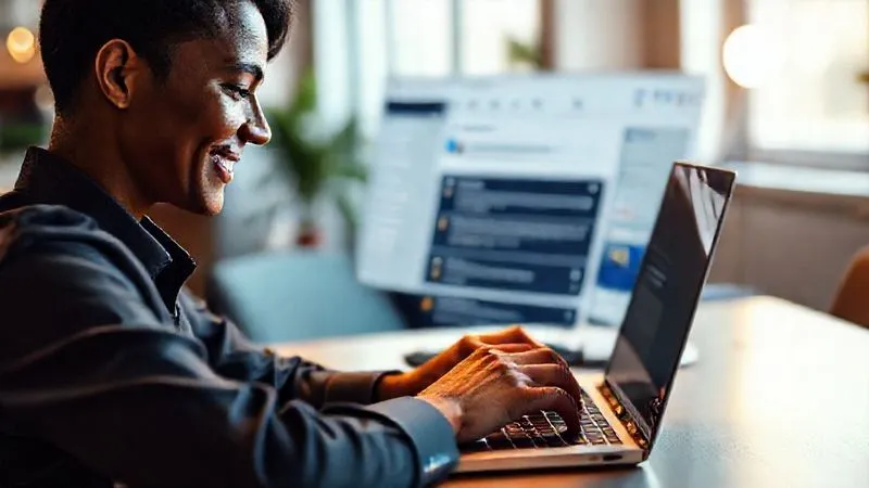A photorealistic image of a freelancer (diverse, professional-looking) deeply focused, smiling slightly, as they type a personalized message on a laptop. The background shows a Notion dashboard with sections for client research and tailored content. Soft, warm cinematic lighting, sharp focus on the freelancer's face and screen, depth of field subtly blurring the office background, 8K hyper-detailed, professional photography, shot on a high-end DSLR.