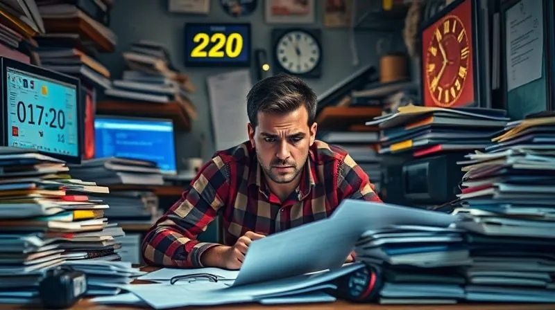 A photorealistic image of a frustrated freelancer at a cluttered desk, surrounded by piles of paper and glowing screens, with a digital clock showing time rapidly slipping away. The atmosphere is chaotic and overwhelming, with a subtle hint of digital chains metaphorically binding the person. Cinematic lighting, sharp focus on the freelancer, depth of field blurring the background, 8K hyper-detailed, shot on a high-end DSLR, professional photography.