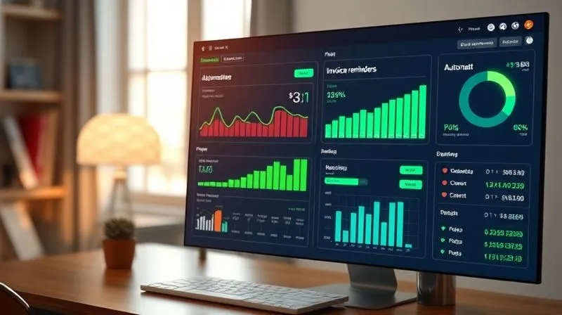 A photorealistic image of a digital dashboard displaying financial metrics, charts, and automated invoice reminders, with a glowing green 'Paid' status on multiple items. The aesthetic is clean, modern, and efficient, emphasizing clarity and control. Cinematic lighting, sharp focus, depth of field blurring a background of a calm home office, 8K hyper-detailed, shot on a high-end DSLR, professional photography.