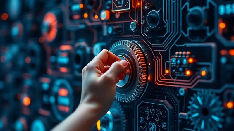 A photorealistic image of a complex, interwoven network of digital gears and glowing data streams, with a single human hand delicately adjusting a key cog. The image conveys both the intricacy of automation and the necessity of human oversight and finesse. Cinematic lighting, sharp focus on the hand and gears, depth of field blurring the background, 8K hyper-detailed, shot on a high-end DSLR, professional photography.