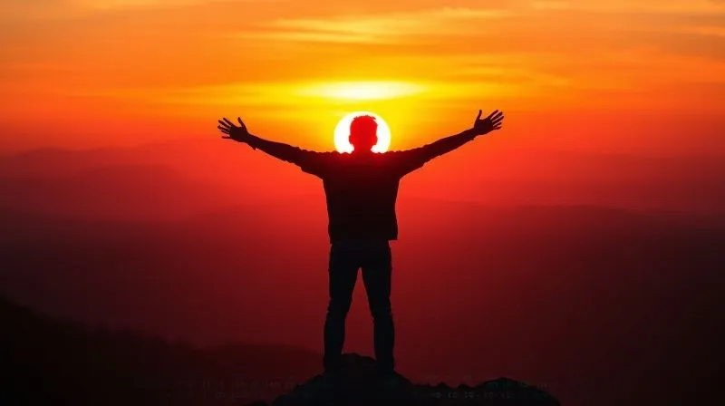 A photorealistic image of a freelancer, silhouetted against a vibrant sunset, standing on a mountain peak, arms outstretched in a gesture of freedom and accomplishment. The foreground shows a subtle digital interface fading away, symbolizing tasks completed by automation. The atmosphere is inspiring and hopeful. Cinematic lighting, sharp focus on the freelancer, depth of field blurring the expansive landscape, 8K hyper-detailed, shot on a high-end DSLR, professional photography.