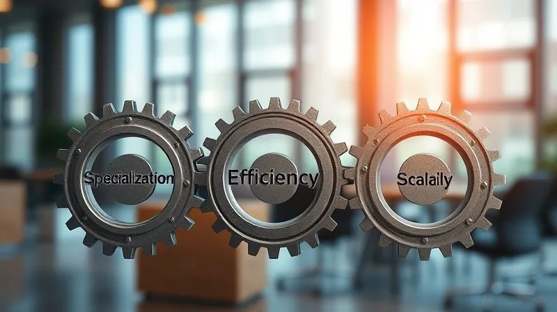 A photorealistic image of three interlocking gears, each labeled with 'Specialization', 'Efficiency', and 'Scalability', turning smoothly against a blurred background of a modern office. Soft, cinematic lighting highlights the metallic texture of the gears. 8K hyper-detailed.