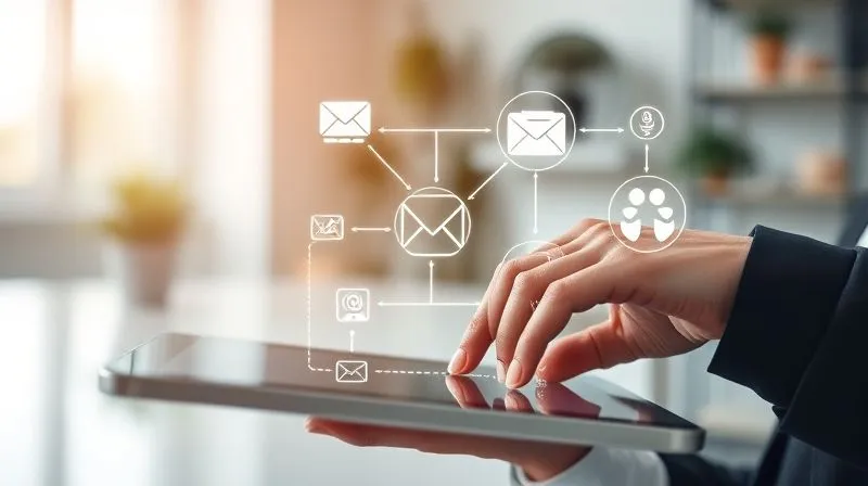 A photorealistic image of a freelancer's hand effortlessly guiding a digital workflow on a tablet, with various automated tasks represented by glowing lines connecting different icons (email, social media, invoicing). The background is a clean, modern workspace, suggesting efficiency. Cinematic lighting, sharp focus on the hand and tablet. 8K hyper-detailed.