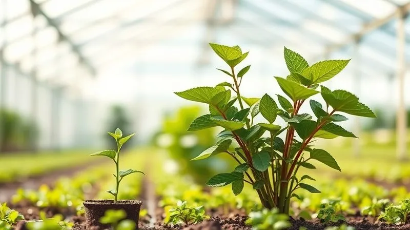 A photorealistic image depicting a visual metaphor for growth: a small, delicate plant (representing Luciana's initial business) being carefully nurtured and watered, next to a much larger, vibrant, and flourishing plant (representing her doubled revenue and reduced workload). The background is a clean, bright greenhouse. Cinematic lighting, sharp focus on the plants, depth of field blurring the greenhouse structure. 8K hyper-detailed.
