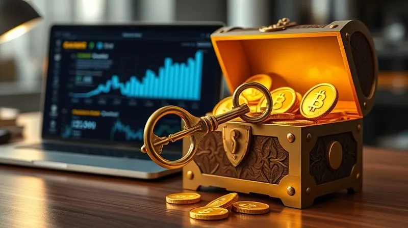 A photorealistic image of a golden key unlocking a treasure chest filled with glowing digital coins and client testimonials, symbolizing a successful and irresistible offer. The setting is a professional, clean desk with a laptop displaying a conversion graph. Cinematic lighting, sharp focus on the key and chest, depth of field. 8K hyper-detailed, professional photography, shot on a high-end DSLR.