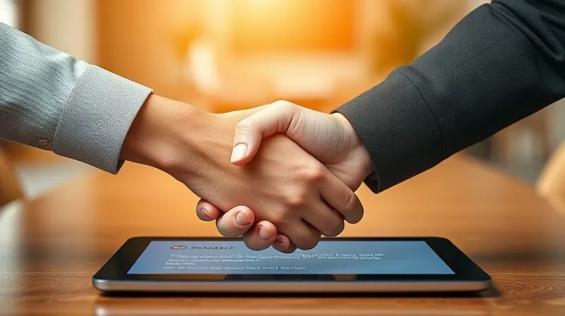 A photorealistic image of two hands, one freelancer's and one client's, clasped in a firm, trusting handshake over a digital tablet displaying a positive client testimonial. The background is a blurred, warm, professional office setting with a subtle glow around the handshake. Cinematic lighting, sharp focus on the hands and tablet, depth of field. 8K hyper-detailed, professional photography, shot on a high-end DSLR.