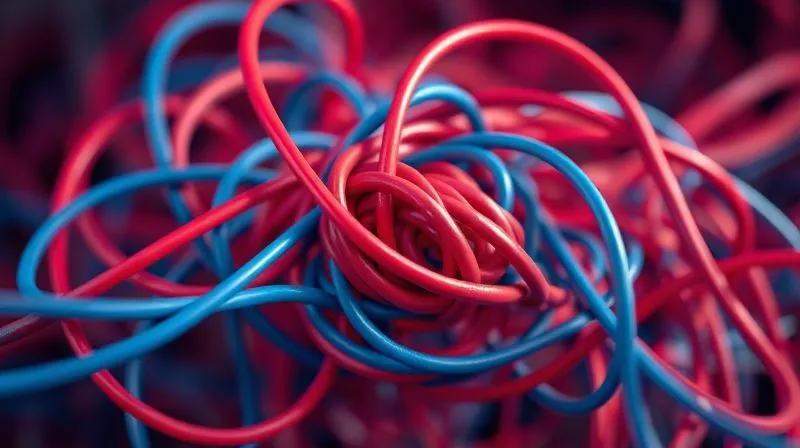 Photorealistic image of a tangled knot of red and blue wires, symbolizing complex, unresolved problems, with a single, clear path emerging from the chaos. Cinematic lighting, sharp focus, 8K, depth of field.