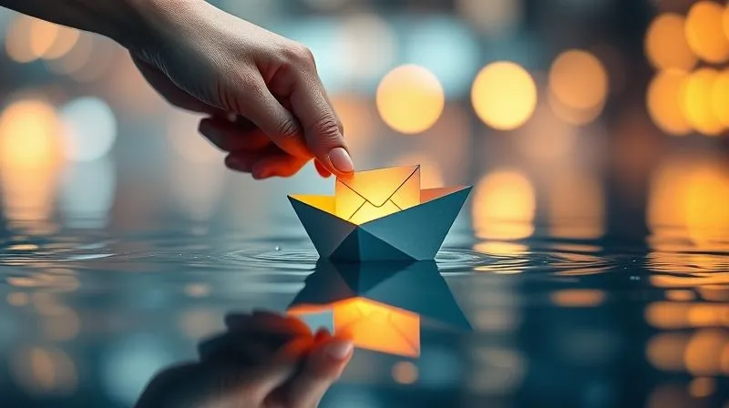 Photorealistic image of a hand gently pushing a small, glowing paper boat (representing an email) into a calm, reflective digital stream, symbolizing targeted email marketing. Soft, warm lighting, 8K, depth of field.
