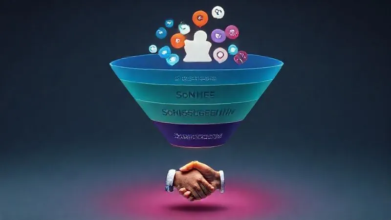 A photorealistic visualization of a sales funnel, starting broad at the top with social media icons and narrowing down to a client avatar with a handshake at the bottom. Each stage of the funnel is clearly defined with keywords like "Awareness," "Engagement," "Consideration," and "Conversion." Cinematic lighting, sharp focus, 8K hyper-detailed.