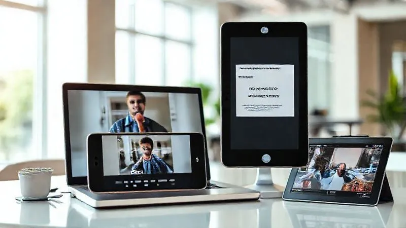 A photorealistic composition showing a mosaic of diverse content formats: a freelancer presenting on a live video stream on a laptop, a carousel post on a smartphone screen showing a step-by-step guide, and a engaging short video playing on another tablet. The background is a modern, bright office space with natural light. Cinematic lighting, sharp focus, 8K hyper-detailed.