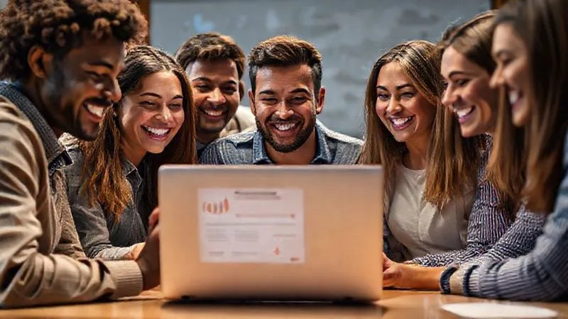 A photorealistic image of a diverse group of happy students celebrating success, looking at a laptop screen showing an online course certificate. The background features subtle digital elements of growth charts. Cinematic lighting, sharp focus on the faces, depth of field blurring the background. The image evokes a sense of achievement, community, and social proof. 8K hyper-detailed, professional photography, shot on a high-end DSLR.